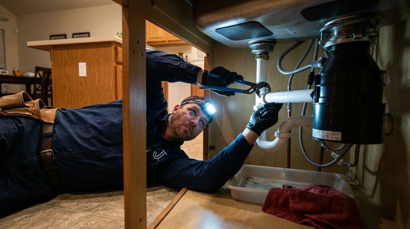 P-trap and supply line connections under a kitchen sink showing a common leak point in Pikeville, KY